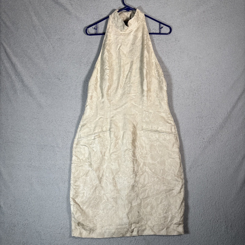 Geary Roark Kamisato Vintage 90s Linen Halter Dress Beige Floral Jacquard Fits S